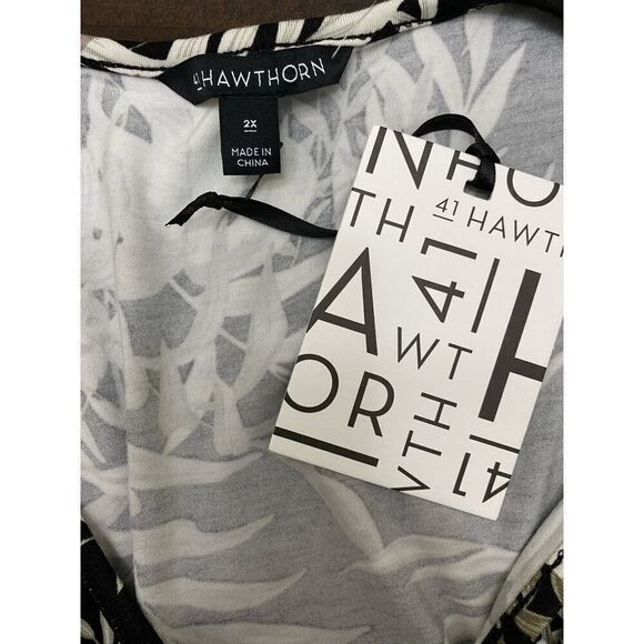 41 Hawthorn Black & Cream Leaf Print Dress 2X Plus Size Surplice Bodice Career - Picture 4 of 6